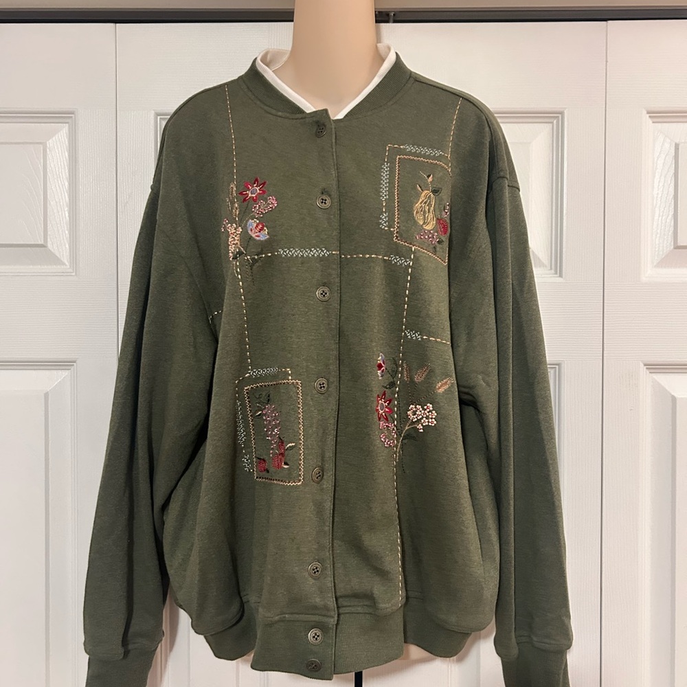 Alfred Dunner Olive Green Embroidered Bomber Jacket